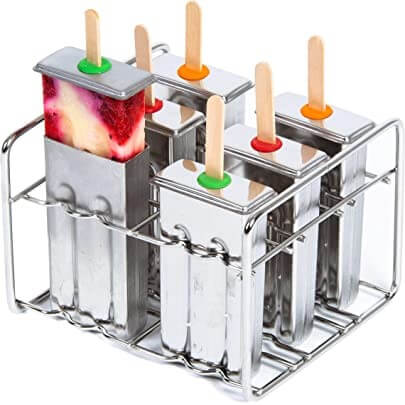 ecozoi Stainless Steel Popsicle Molds and Rack - 6 Ice Pop Makers + 30 Reusable Bamboo Sticks + 12 Silicone Seals + 1 Rack